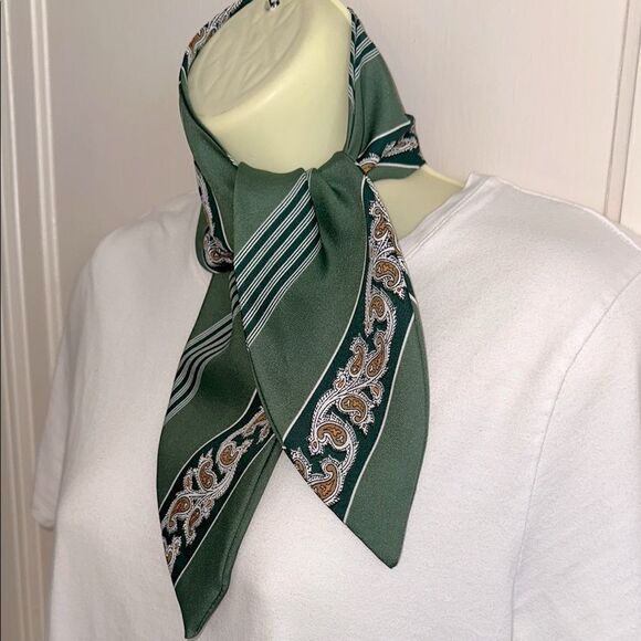 Vintage Mid Century Green, White, Tan & Gold Paisley Striped Neck Scarf - Picture 1 of 4